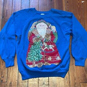 Vintage Blue Santa Claus Sweater Sz L Crewneck
